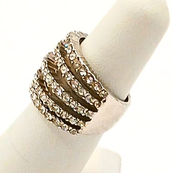 Silver Plated Four Row Pave Cubic Zirconium Encrusted Ring 6 Elegant Formal - Picture 2 of 6